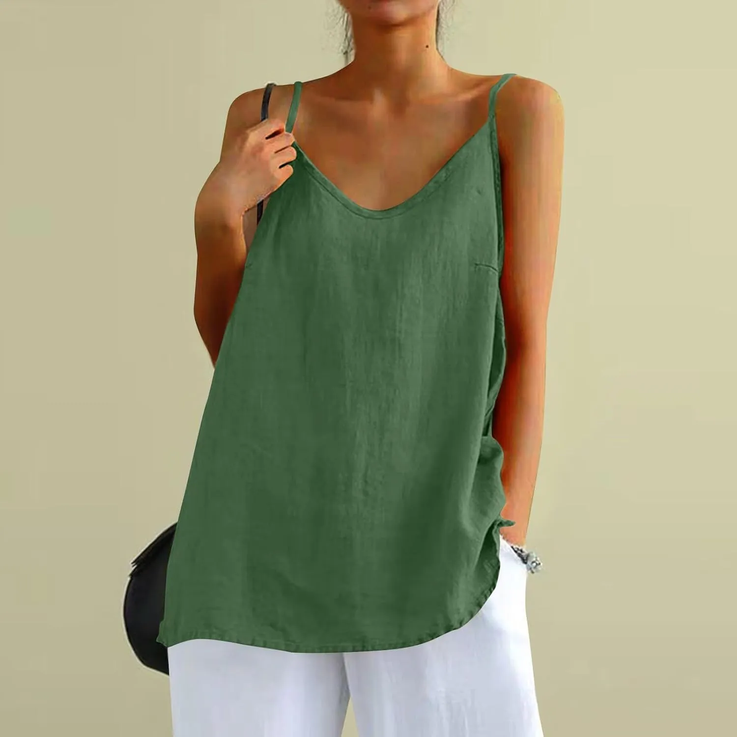 Camisole Tops for Women Summer V Neck Sleeveless Tops Loose Fit Swing Spaghetti Strap Cotton Linen Cami Tank Top