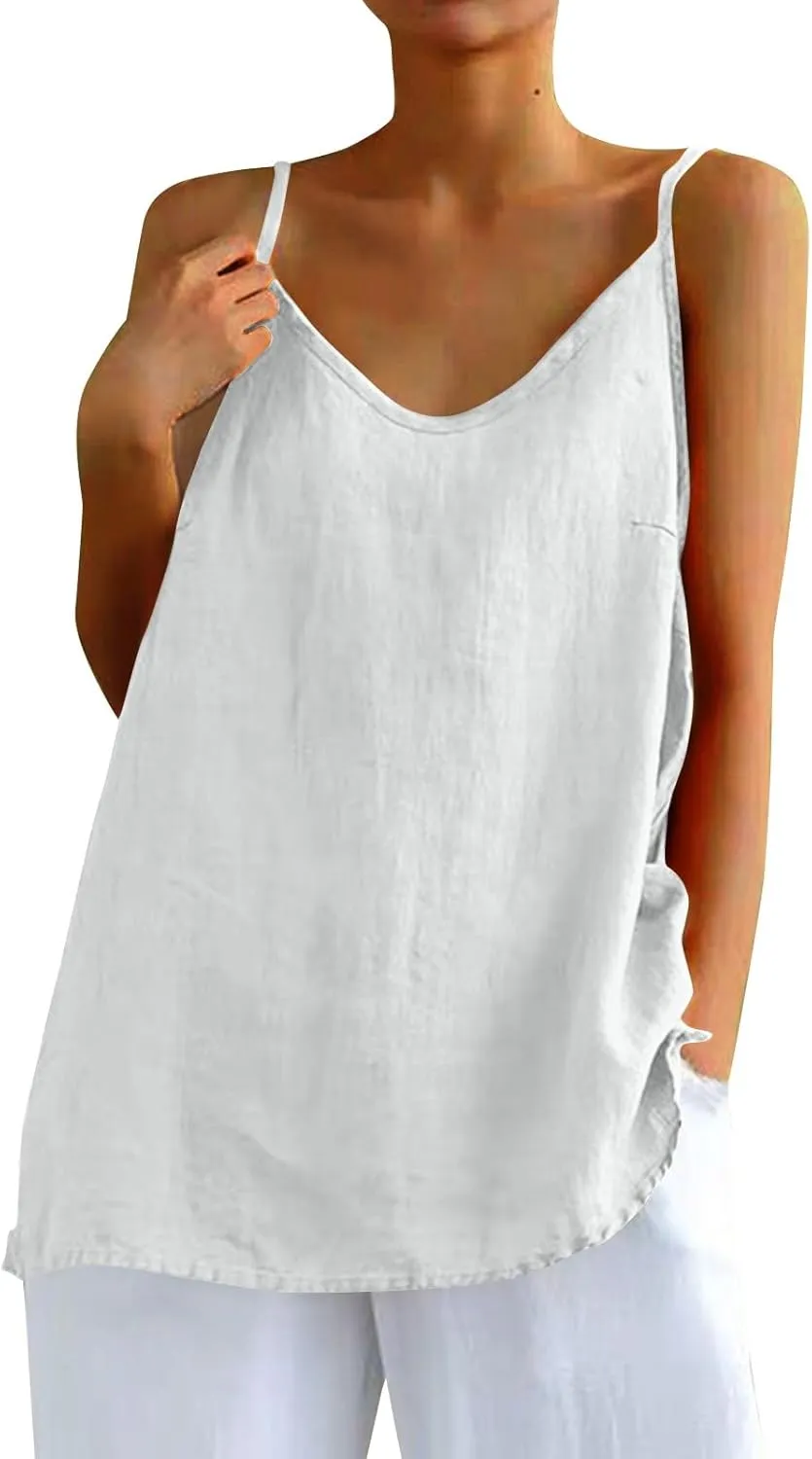 Camisole Tops for Women Summer V Neck Sleeveless Tops Loose Fit Swing Spaghetti Strap Cotton Linen Cami Tank Top
