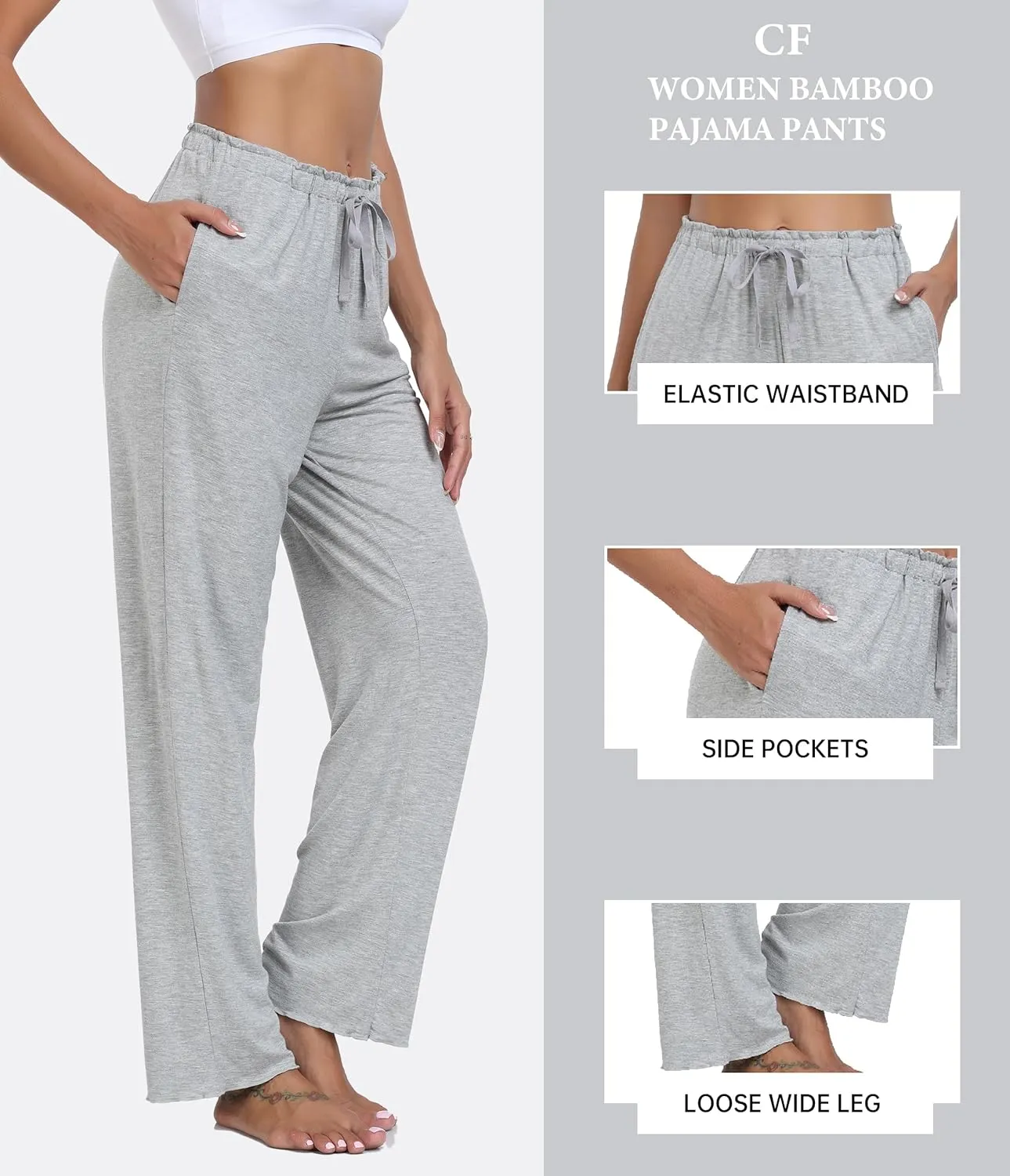 CF Women Bamboo Rayon Pajamas Pants Casual Loose Wide Leg Sleep Pants Soft Comfy Sleepwear for Lounge with Pockets