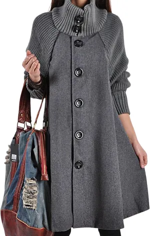 CHARTOU Women Knitted Long Sleeve Mid Long Button Down Wool Coat Cape Jacket Peacoat Turtleneck Poncho Cloak