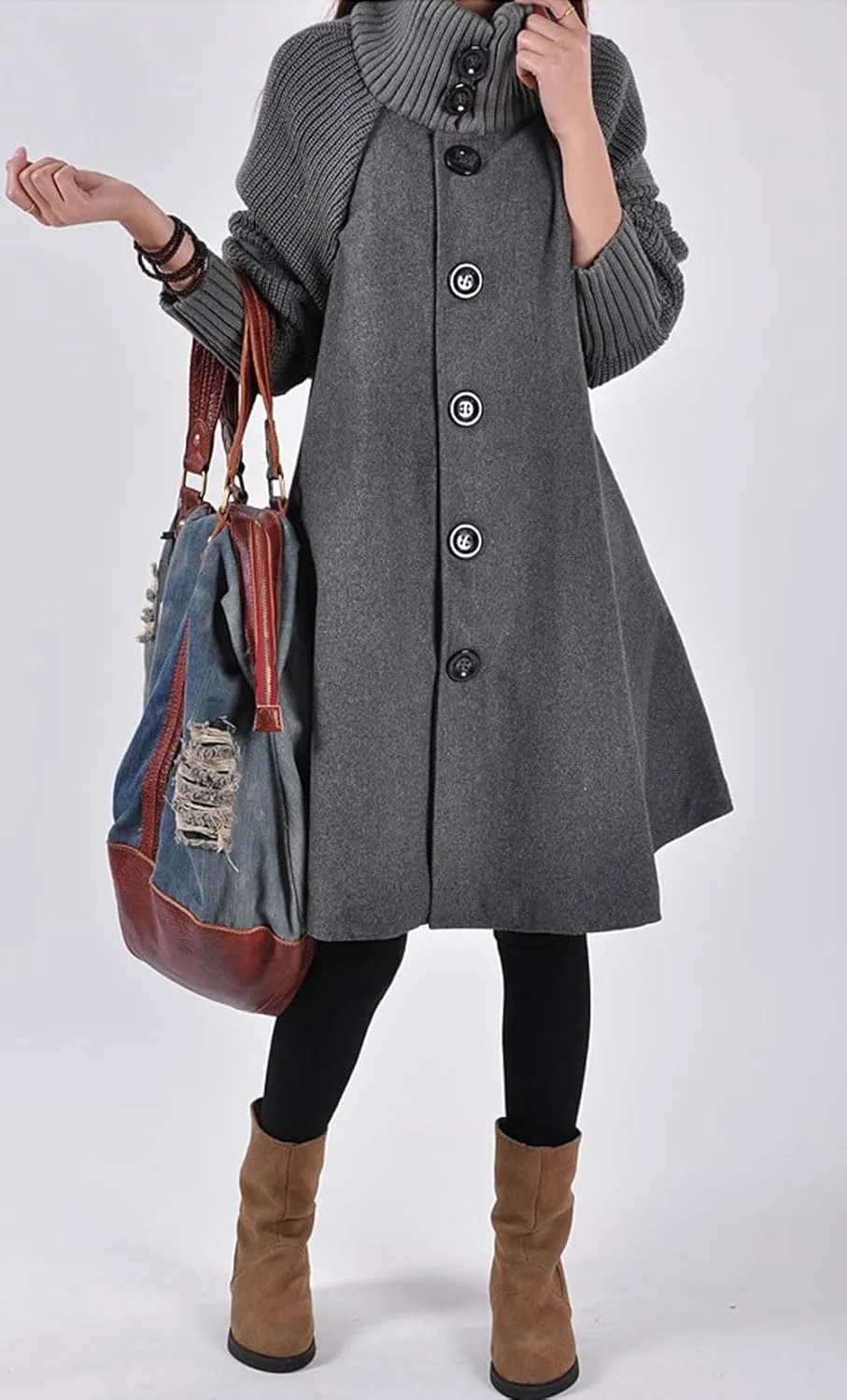 CHARTOU Women Knitted Long Sleeve Mid Long Button Down Wool Coat Cape Jacket Peacoat Turtleneck Poncho Cloak