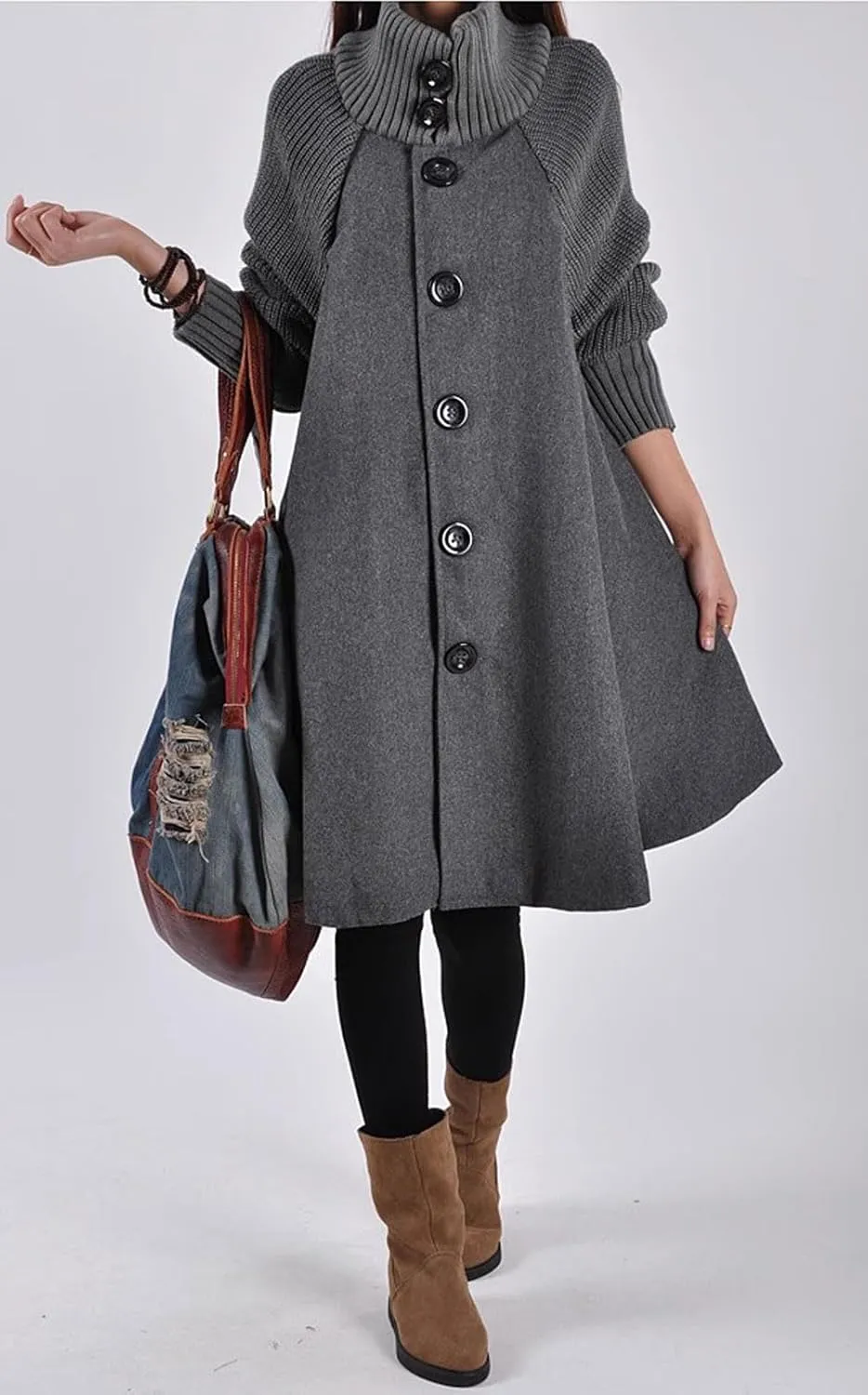 CHARTOU Women Knitted Long Sleeve Mid Long Button Down Wool Coat Cape Jacket Peacoat Turtleneck Poncho Cloak