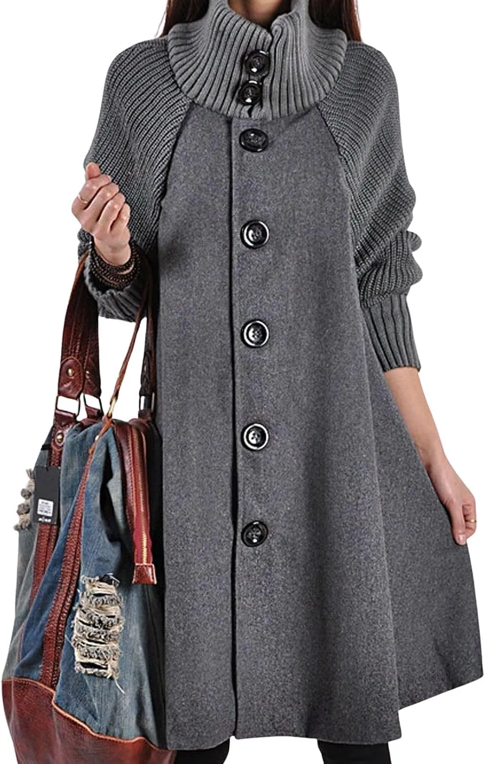 CHARTOU Women Knitted Long Sleeve Mid Long Button Down Wool Coat Cape Jacket Peacoat Turtleneck Poncho Cloak