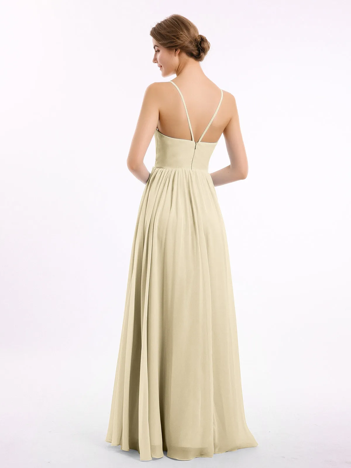 Chiffon Bridesmaid Dresses with Spaghetti Straps-Champagne