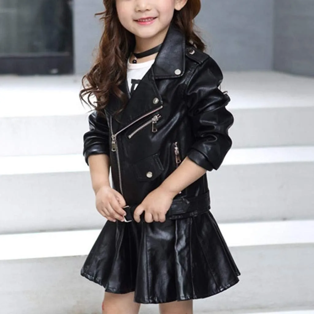 Children's Jacket Girl Boy Motorcycle Jacket Kid Outwear Solid Color Zipper Crop Coat Winter Coat Leather Windbreaker