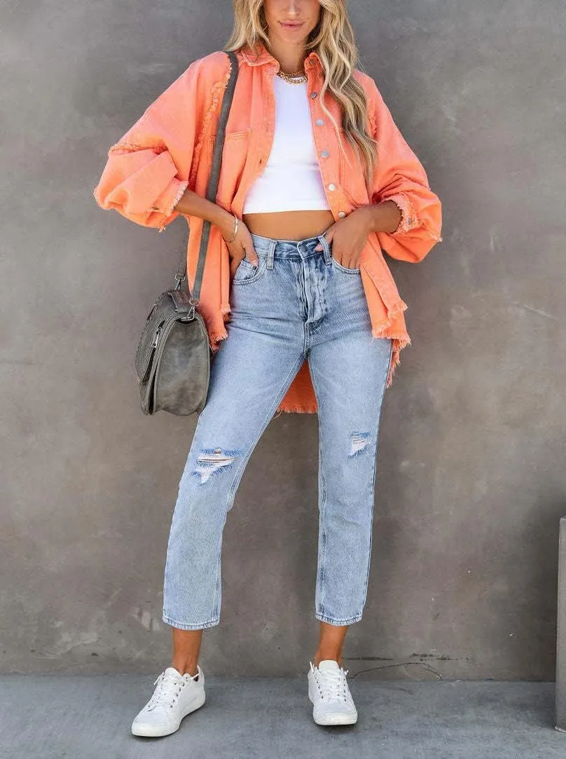 chouyatou Women's Fall Oversized Jean Jacket Casual Button Down Denim Shacket Jacket