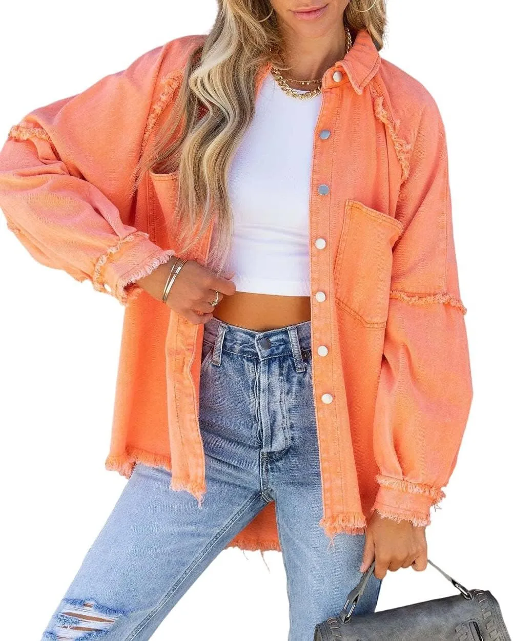 chouyatou Women's Fall Oversized Jean Jacket Casual Button Down Denim Shacket Jacket