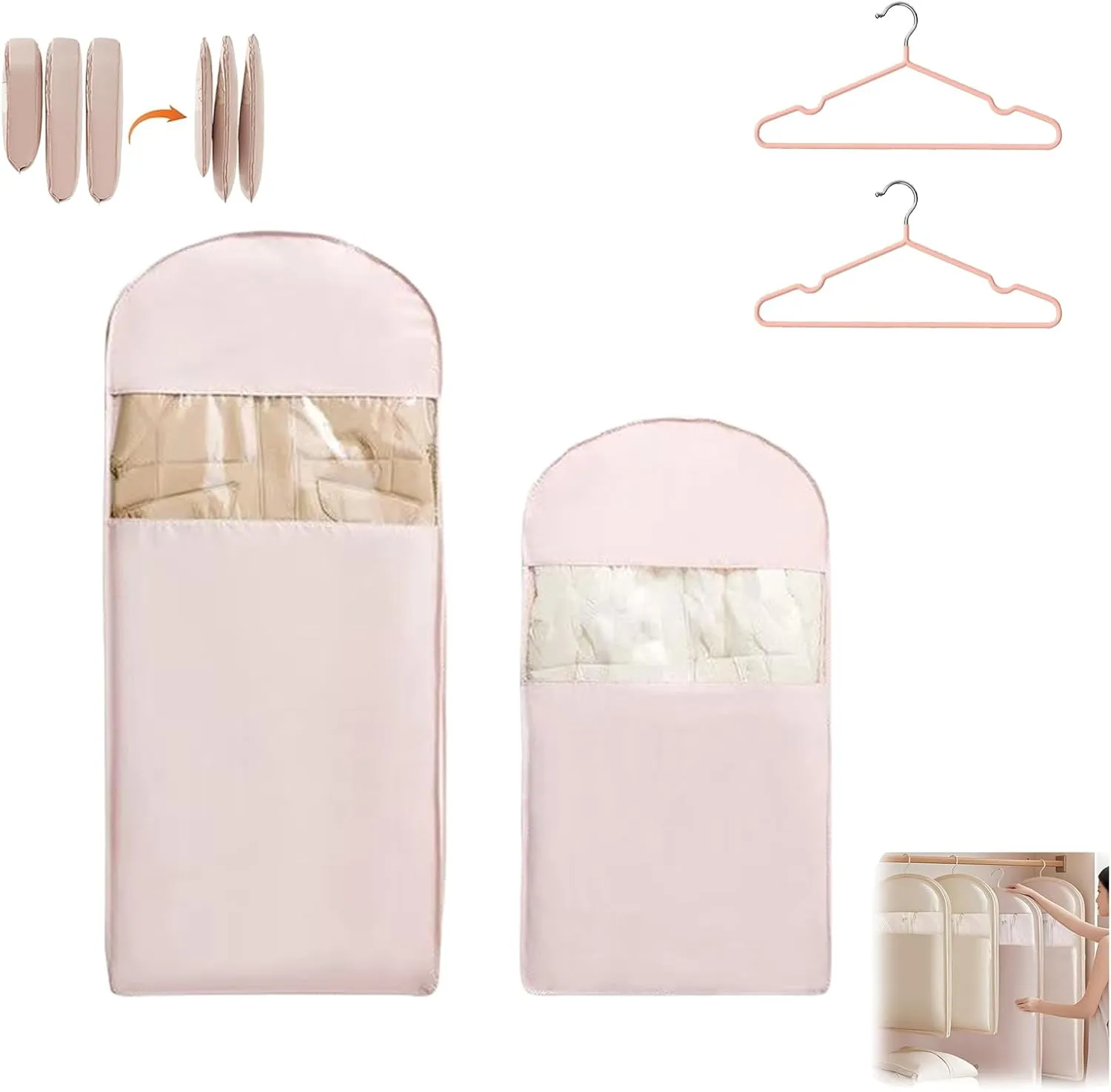 Compression Garment Bags for Hanging Clothes Travel, Space Saving Garment Bags, 2025 Space Saving Hanging Garment Bag with Self Compression Zipper (Pink, L XL)