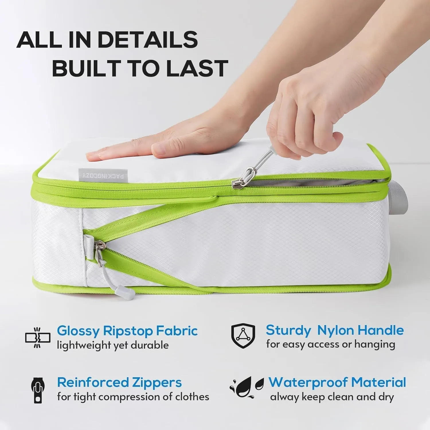 Compression Packing Cubes, 4 Set Packing Cubes for Travel Compression, Lightweight Compressible Package Organizer for Carry On and Suitcases, White and Green