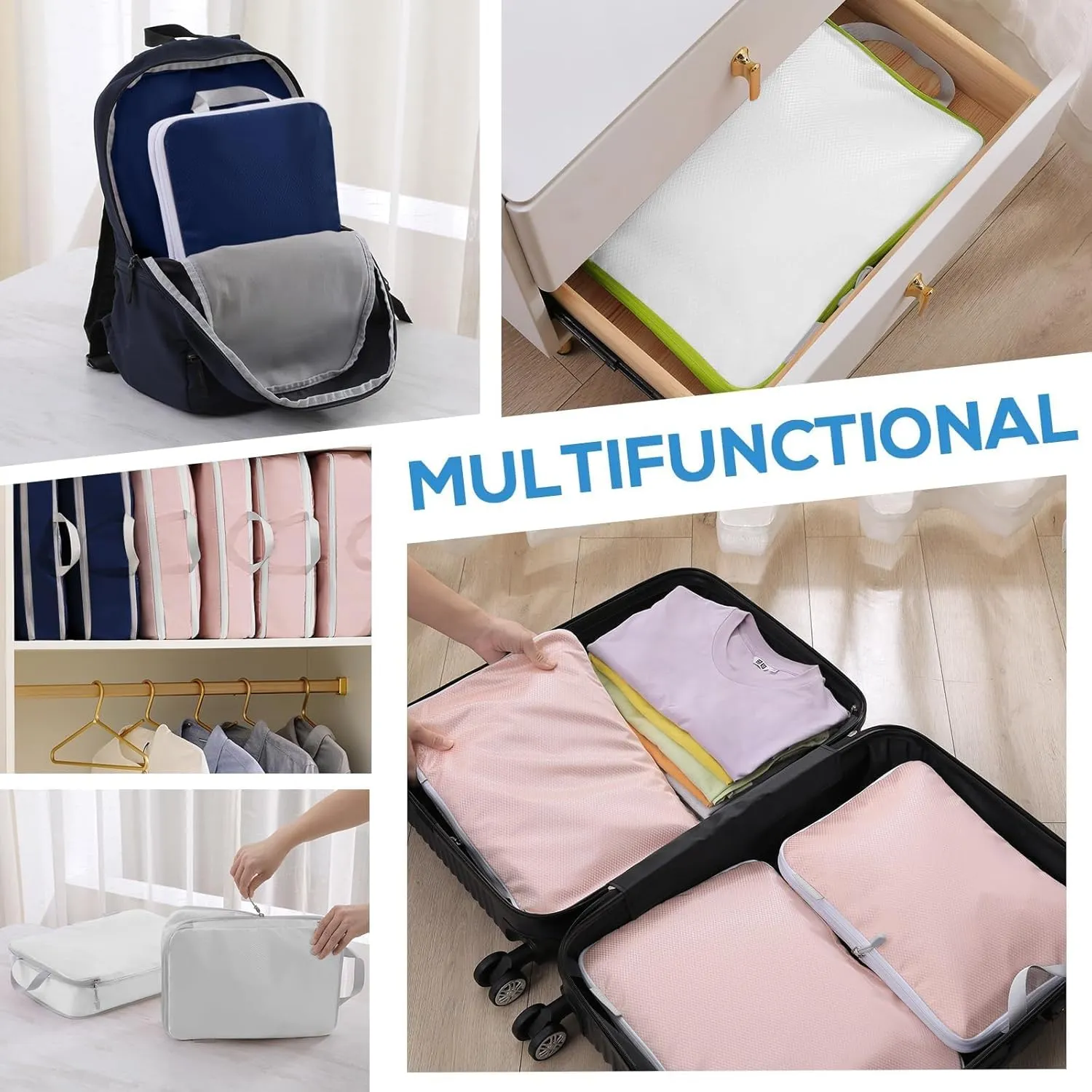Compression Packing Cubes, 4 Set Packing Cubes for Travel Compression, Lightweight Compressible Package Organizer for Carry On and Suitcases, White and Green