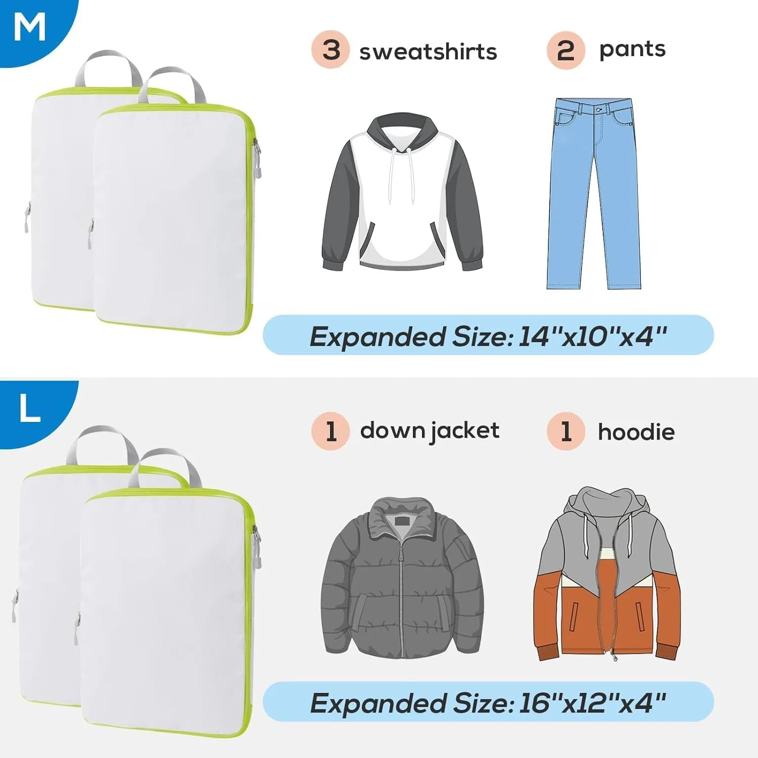 Compression Packing Cubes, 4 Set Packing Cubes for Travel Compression, Lightweight Compressible Package Organizer for Carry On and Suitcases, White and Green