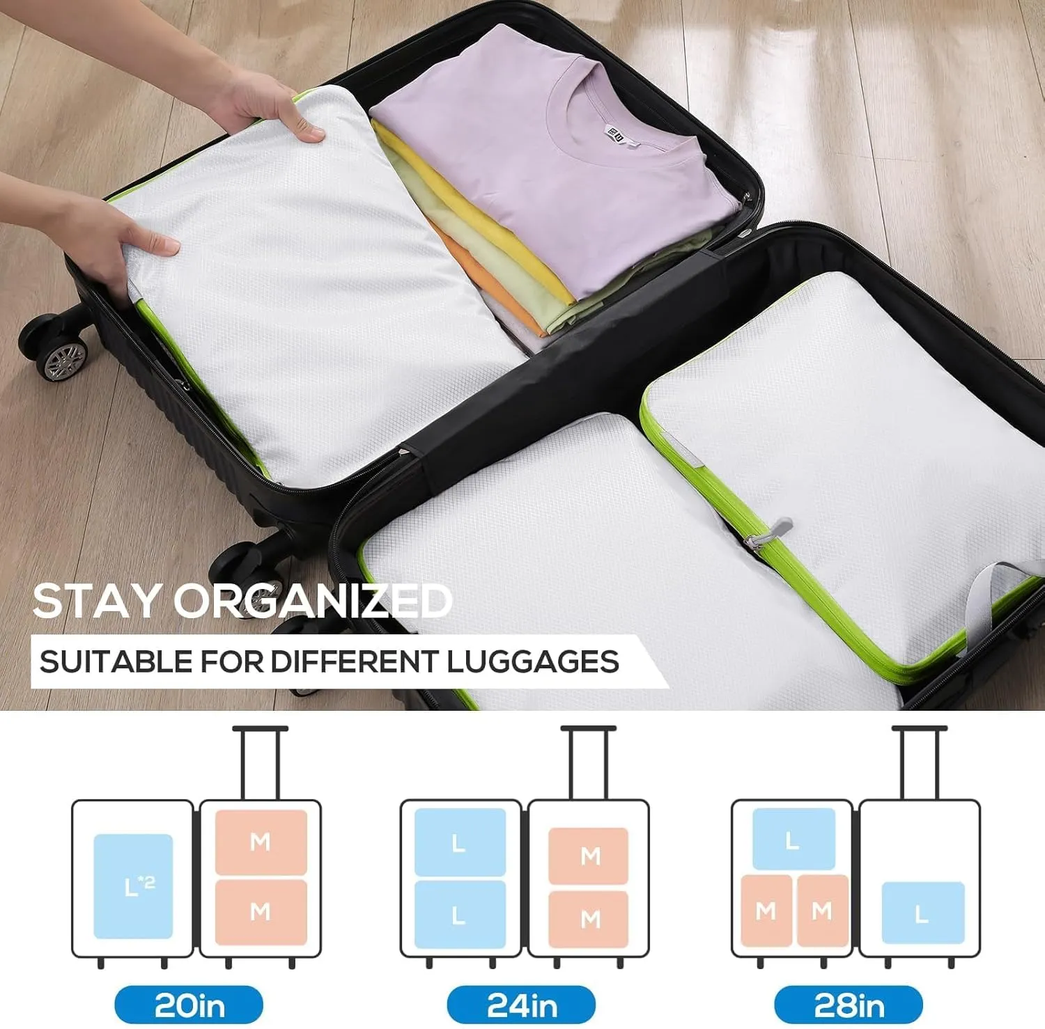 Compression Packing Cubes, 4 Set Packing Cubes for Travel Compression, Lightweight Compressible Package Organizer for Carry On and Suitcases, White and Green