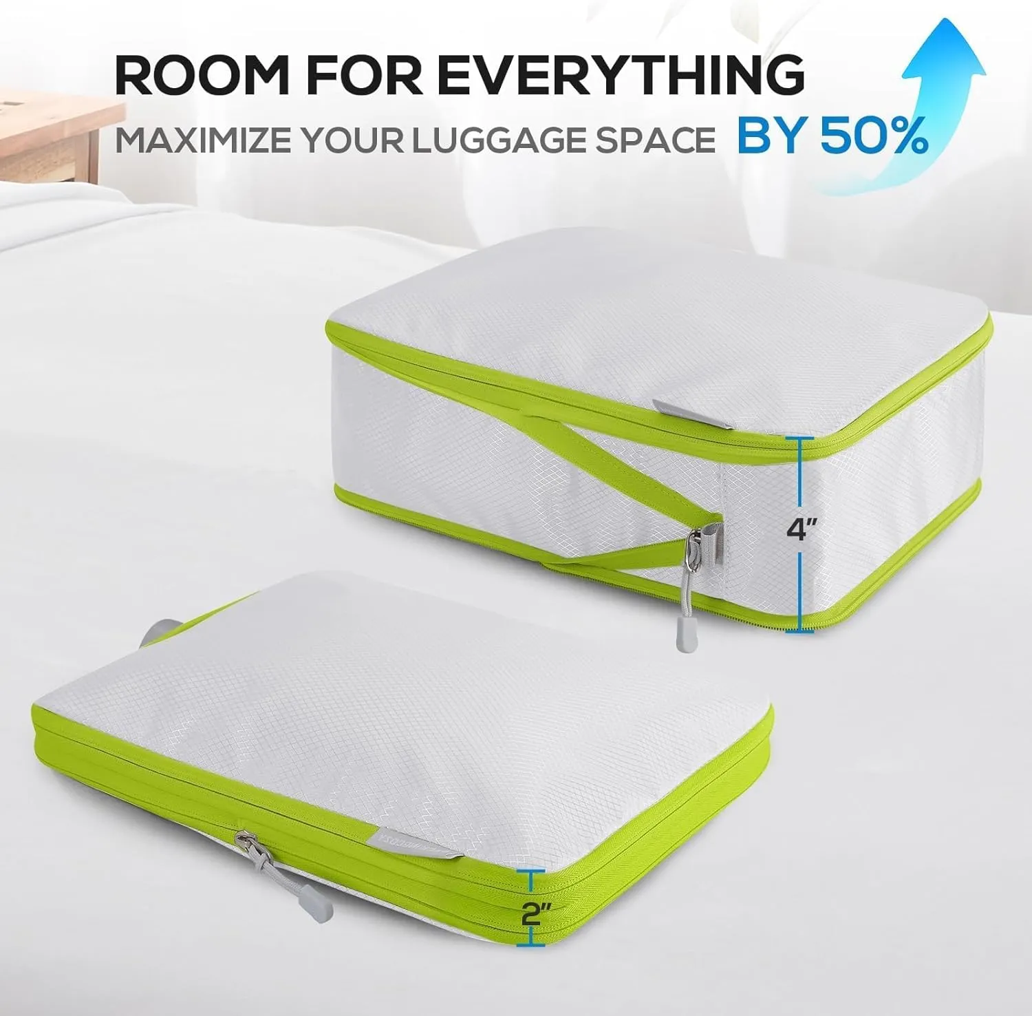 Compression Packing Cubes, 4 Set Packing Cubes for Travel Compression, Lightweight Compressible Package Organizer for Carry On and Suitcases, White and Green