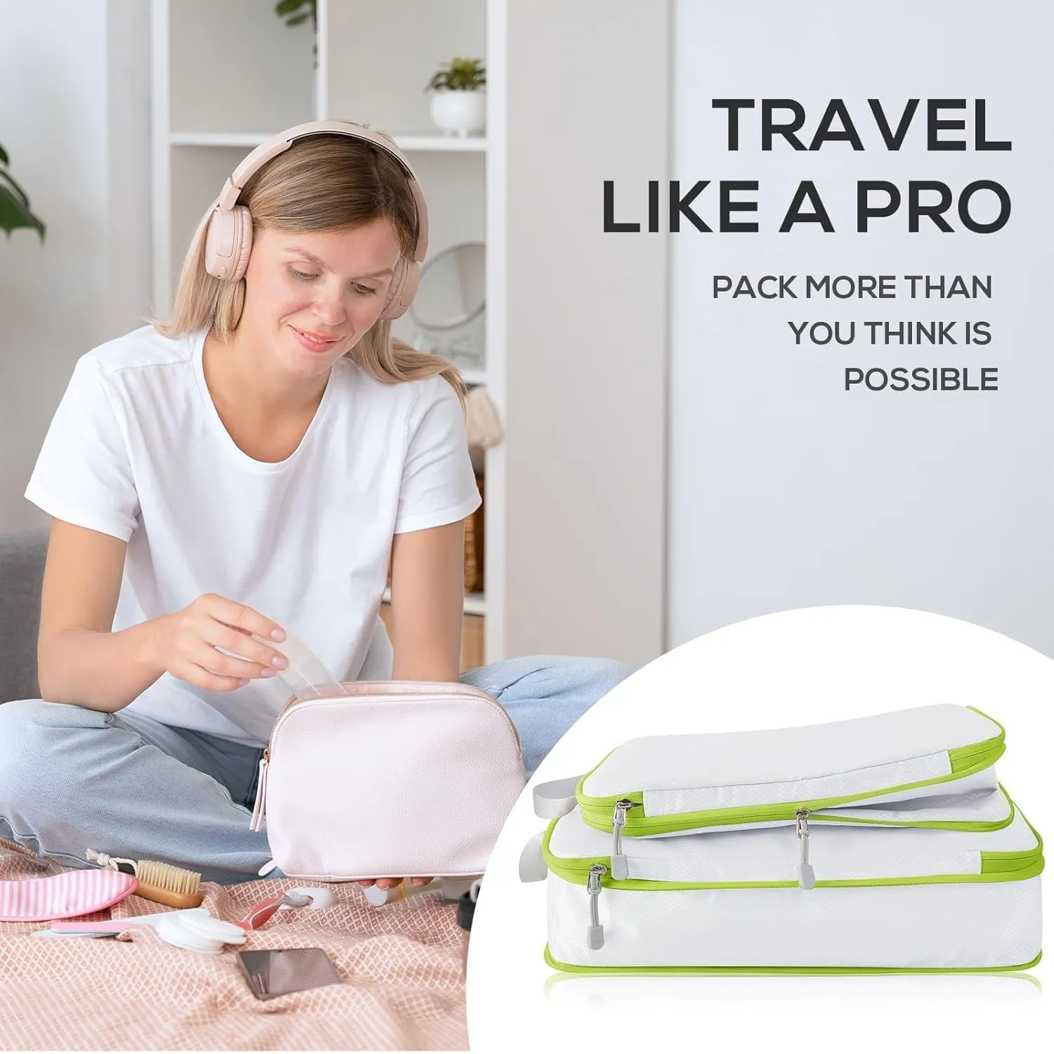 Compression Packing Cubes, 4 Set Packing Cubes for Travel Compression, Lightweight Compressible Package Organizer for Carry On and Suitcases, White and Green