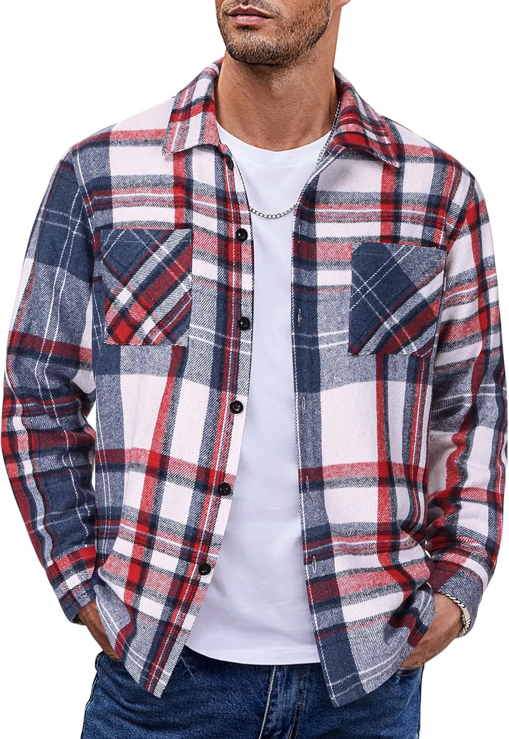 COOFANDY Men's Flannel Shirts Casual Button Down Plaid Shirt Jacket Long Sleeve Fleece Shacket with Pockets
