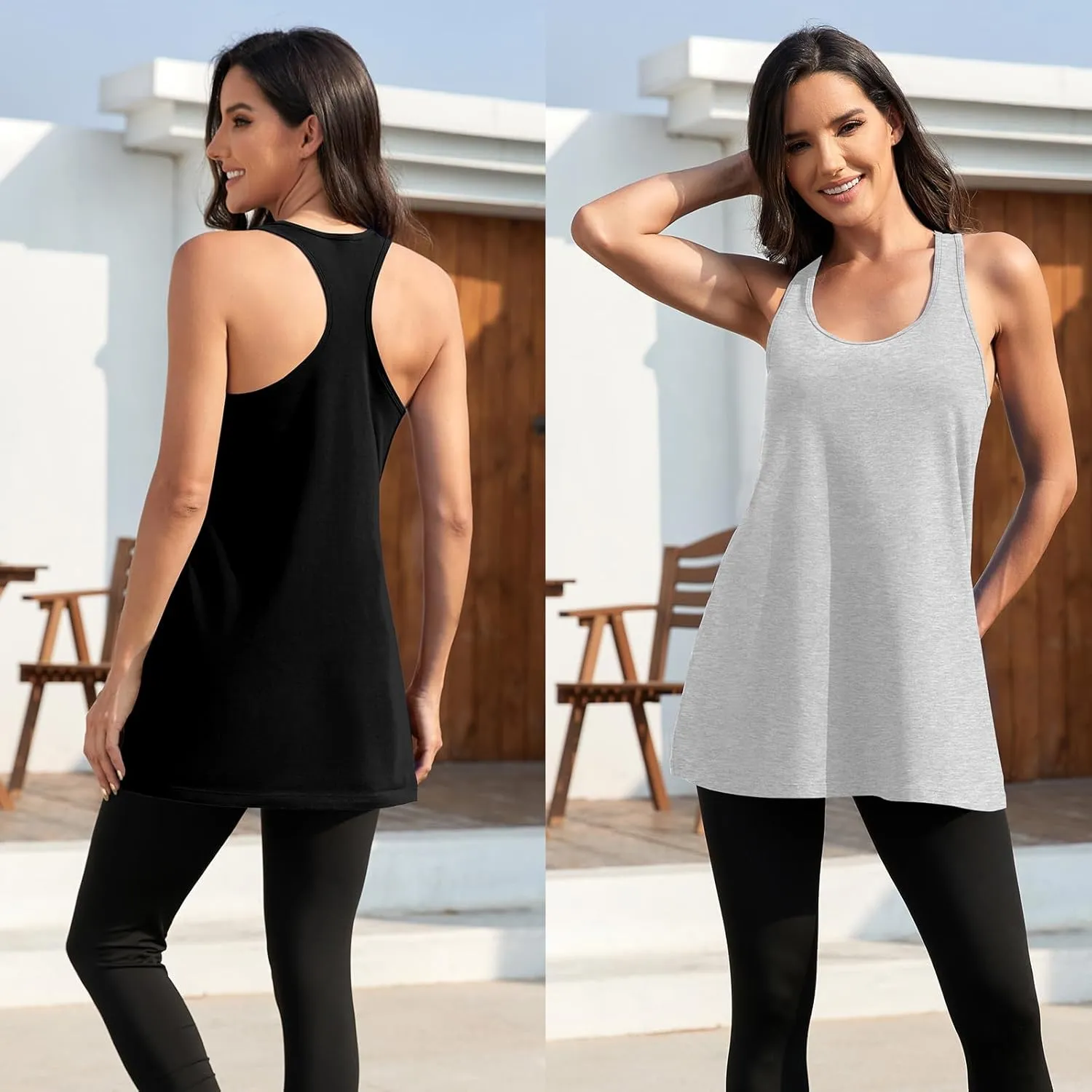 Cotton Racerback Workout Yoga Tops for Women Loose Fit Athletic Long Tanks Moisture Wicking Gym Shirts 2 Pack