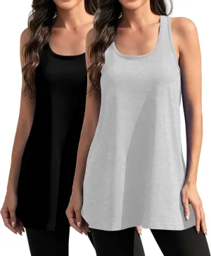 Cotton Racerback Workout Yoga Tops for Women Loose Fit Athletic Long Tanks Moisture Wicking Gym Shirts 2 Pack