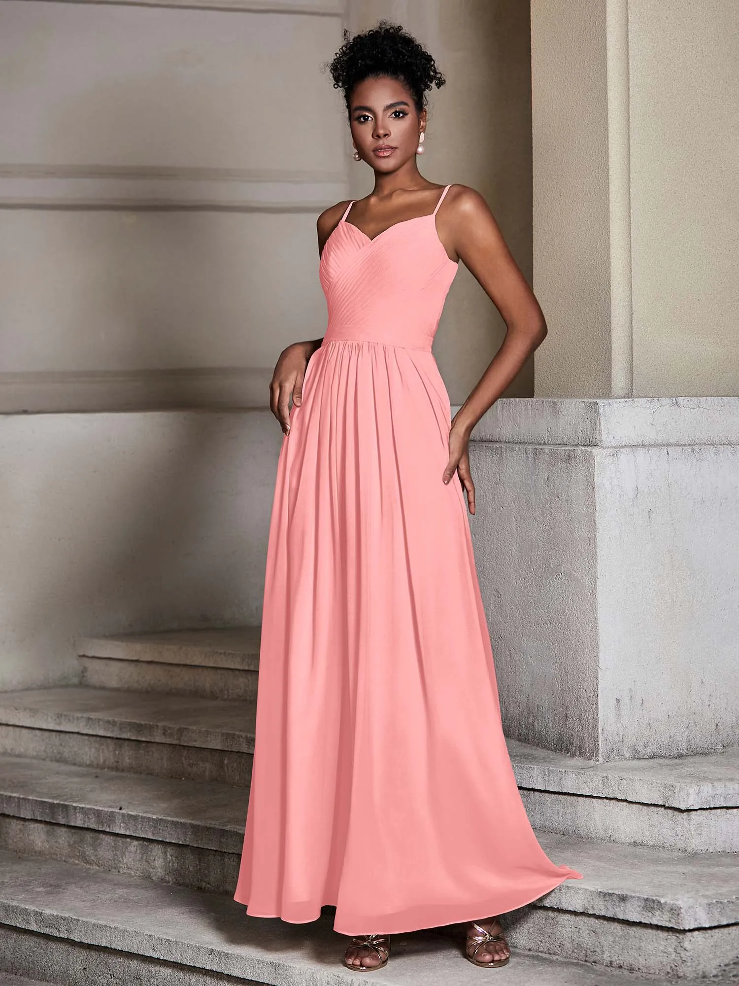 Cross Pleated Bodice Spaghetti Strap Dresses Flamingo