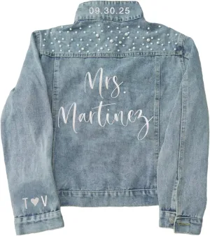 Custom Wedding Jean Jacket for Brides, Embroidered Bride Denim Jacket with Pearls, Personalized Jacket, Perfect Wedding Day, Anniversary