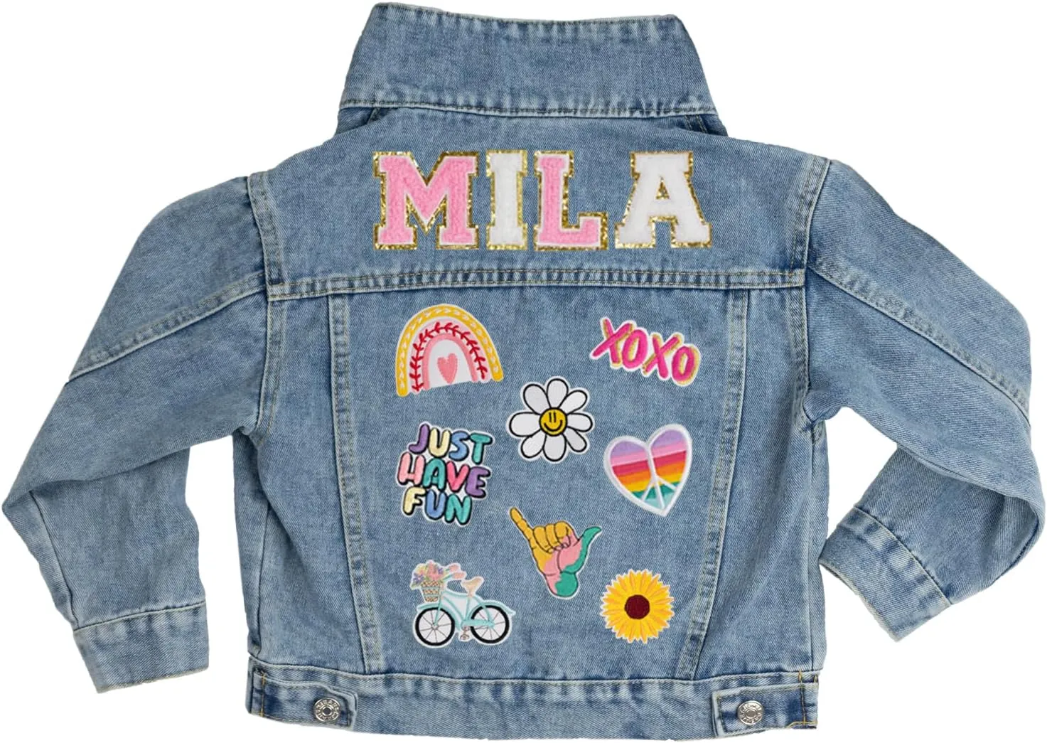 Customized Blue Denim Jacket with Name, Colorful Fun Patches, Personalized Outerwear for Men & Women, Trendy Fashion Jacket for Casual or Special Occasions (Adult XS-M)