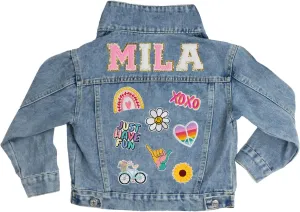 Customized Blue Denim Jacket with Name, Colorful Fun Patches, Personalized Outerwear for Men & Women, Trendy Fashion Jacket for Casual or Special Occasions (Adult XS-M)