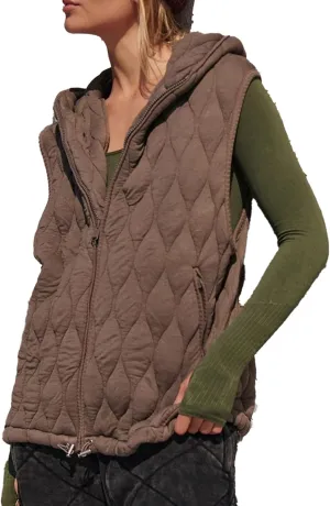 D-Sun Women's Quilted Puffer Vest Casual Sleeveless Hooded Zip Up Jacket Coat Outerwear With Pocket