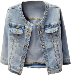 Denim Jackets Washed Three Quarter Sleeve Stretch Collarless Short Jeans Coat