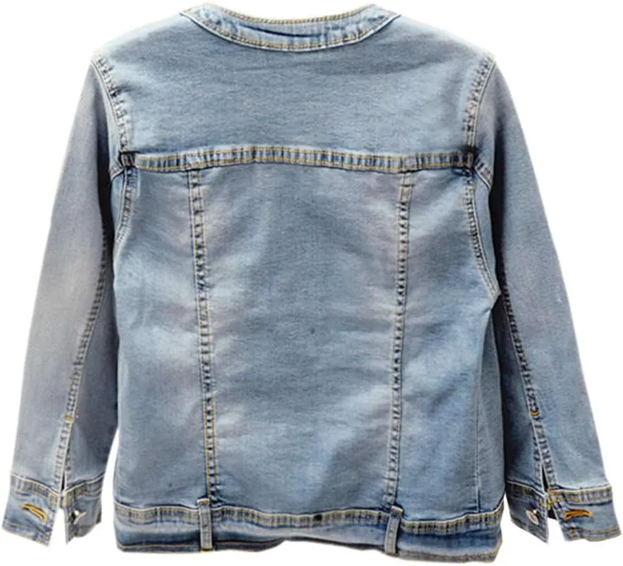Denim Jackets Washed Three Quarter Sleeve Stretch Collarless Short Jeans Coat