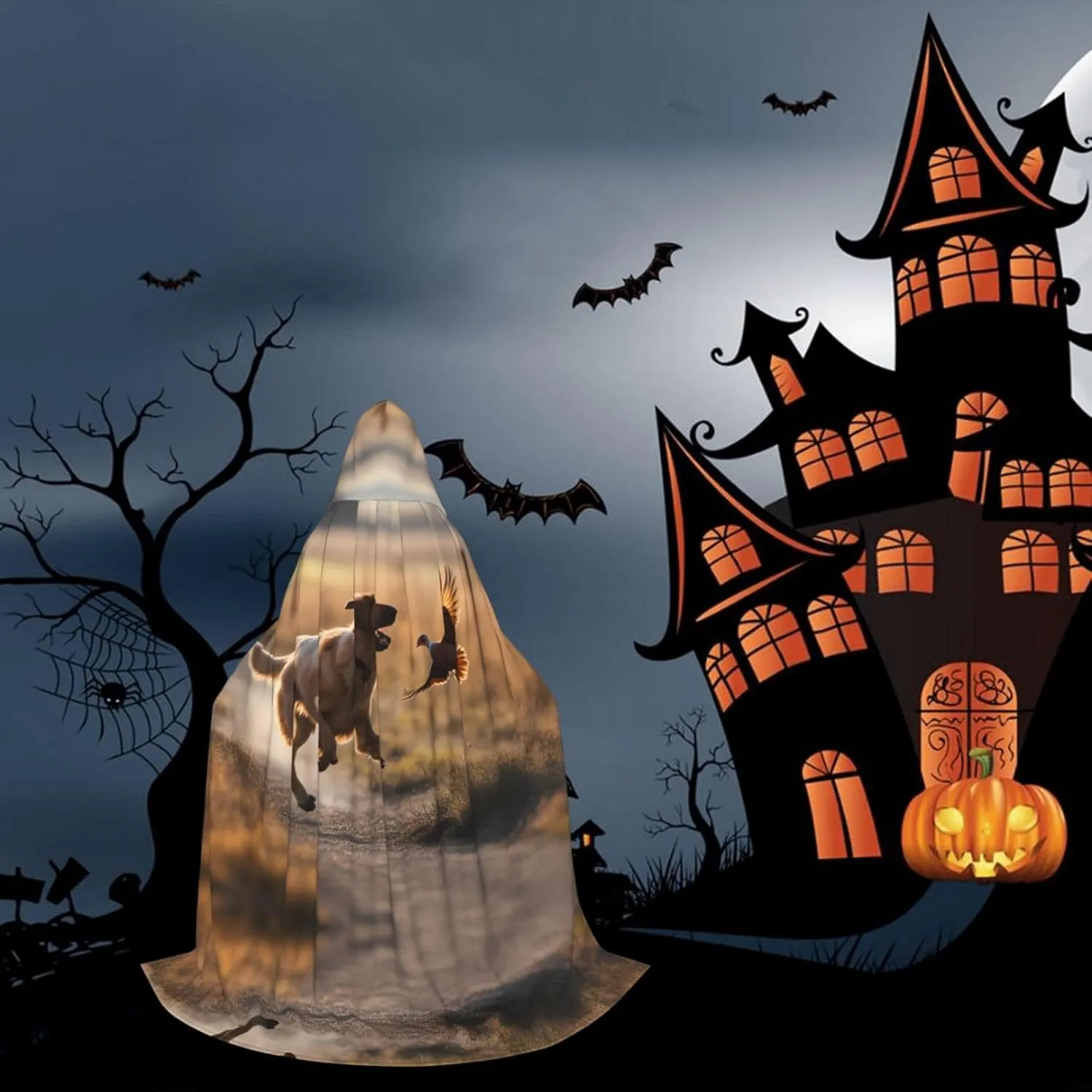 Dog Catching Pheasant Hood Cloak,Hooded Cape Cloak,Halloween Witch Wizard Raven Vampire Cosplay