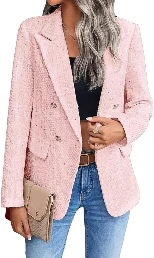 ebossy Womens Notch Lapel Plaid Tweed Blazer Double Breasted Polka Dots Casual Office Jacket Coat