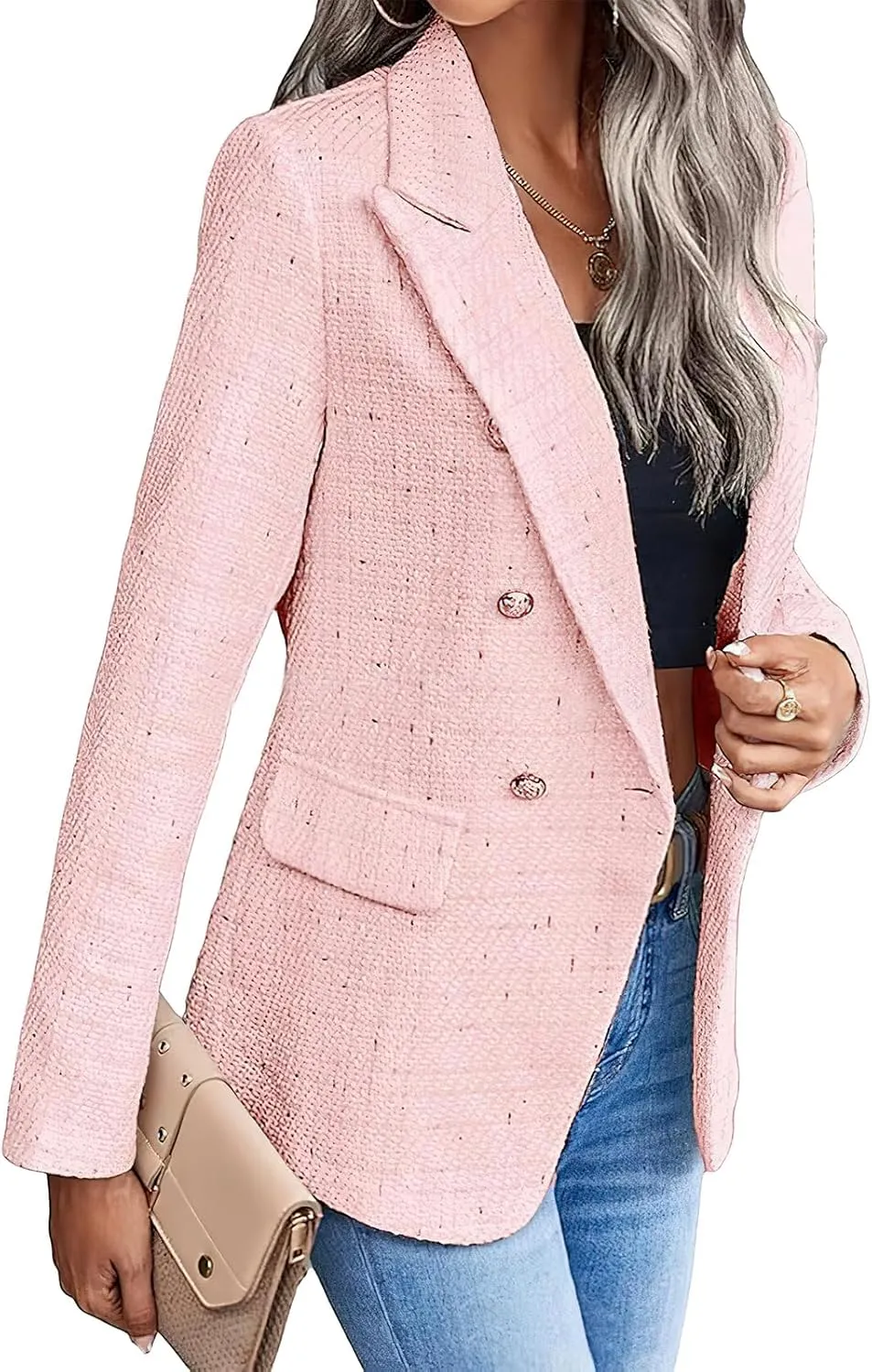 ebossy Womens Notch Lapel Plaid Tweed Blazer Double Breasted Polka Dots Casual Office Jacket Coat