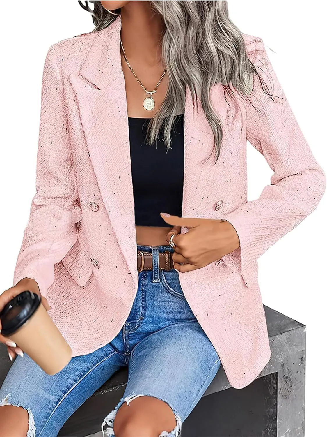 ebossy Womens Notch Lapel Plaid Tweed Blazer Double Breasted Polka Dots Casual Office Jacket Coat