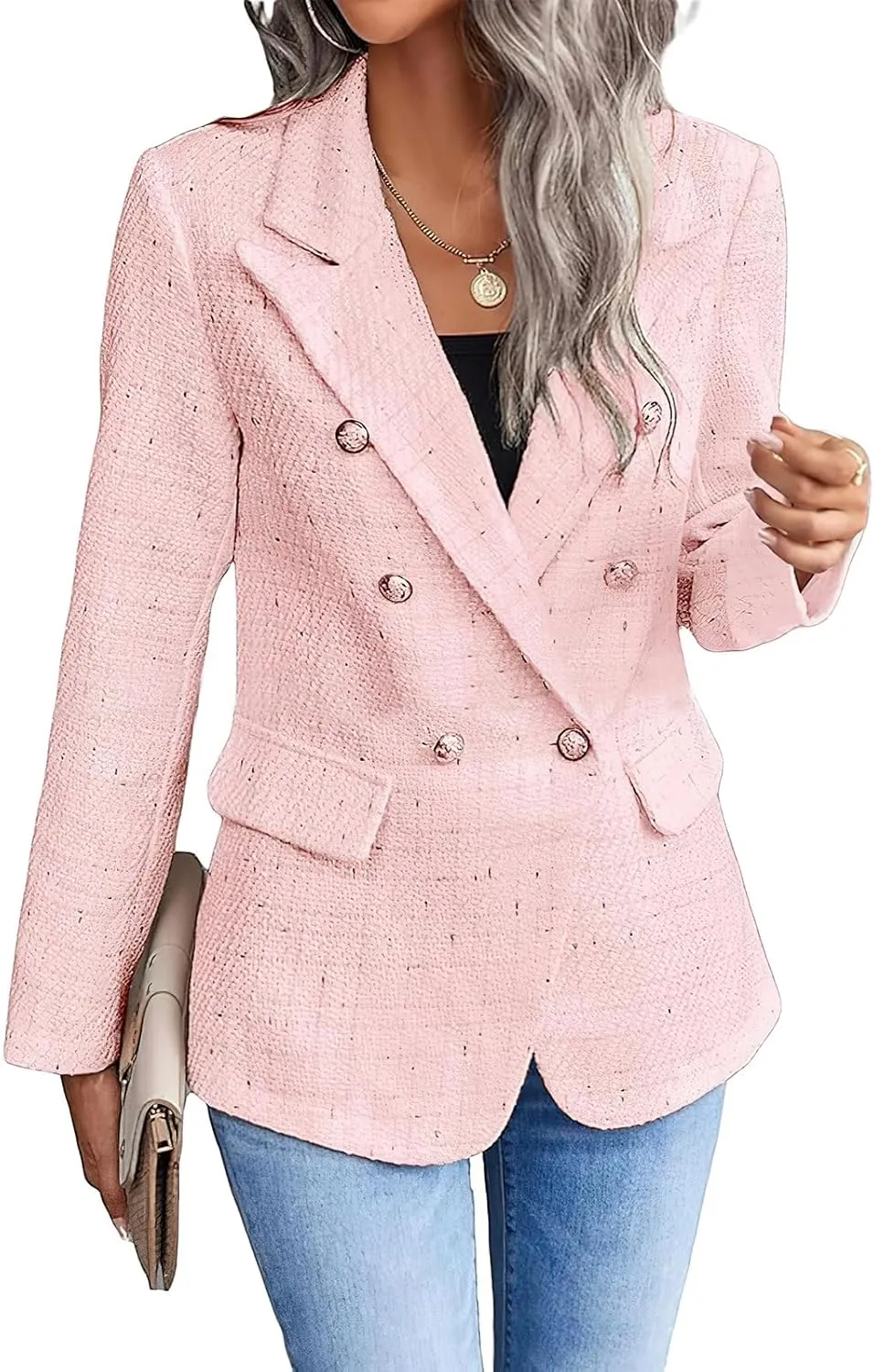 ebossy Womens Notch Lapel Plaid Tweed Blazer Double Breasted Polka Dots Casual Office Jacket Coat
