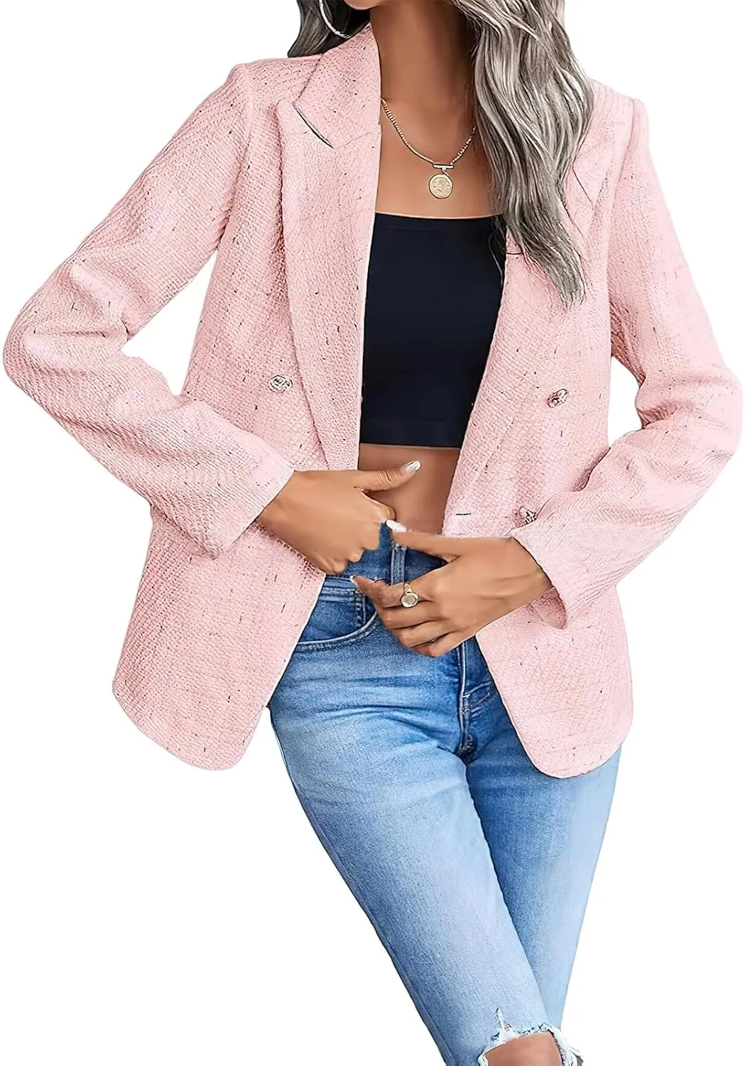 ebossy Womens Notch Lapel Plaid Tweed Blazer Double Breasted Polka Dots Casual Office Jacket Coat