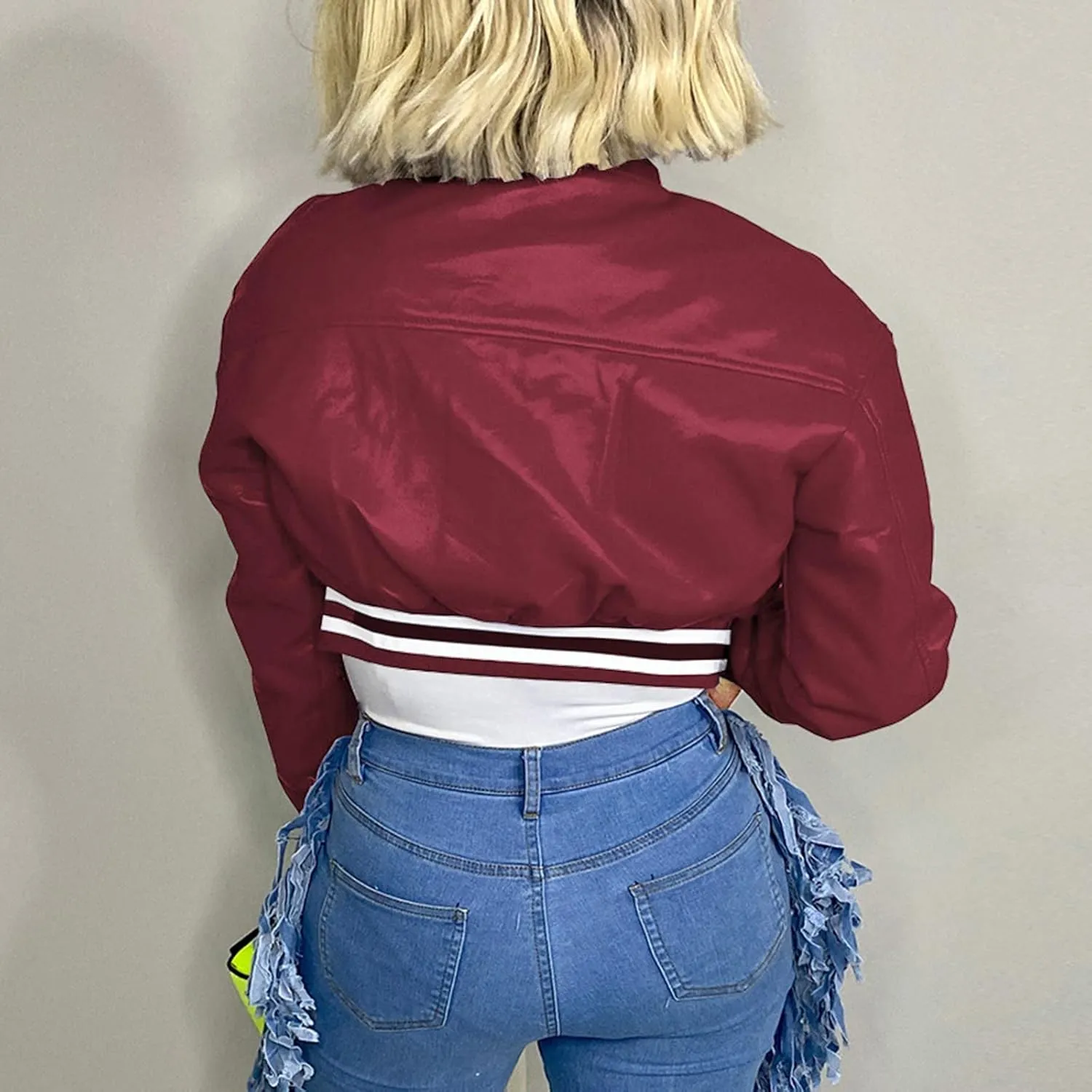 ECKHARDT Jackets for Women Corduroy Patchwork Stand Collar Button Long Sleeve Elastic Leather Pocket Coat Floral Zipped