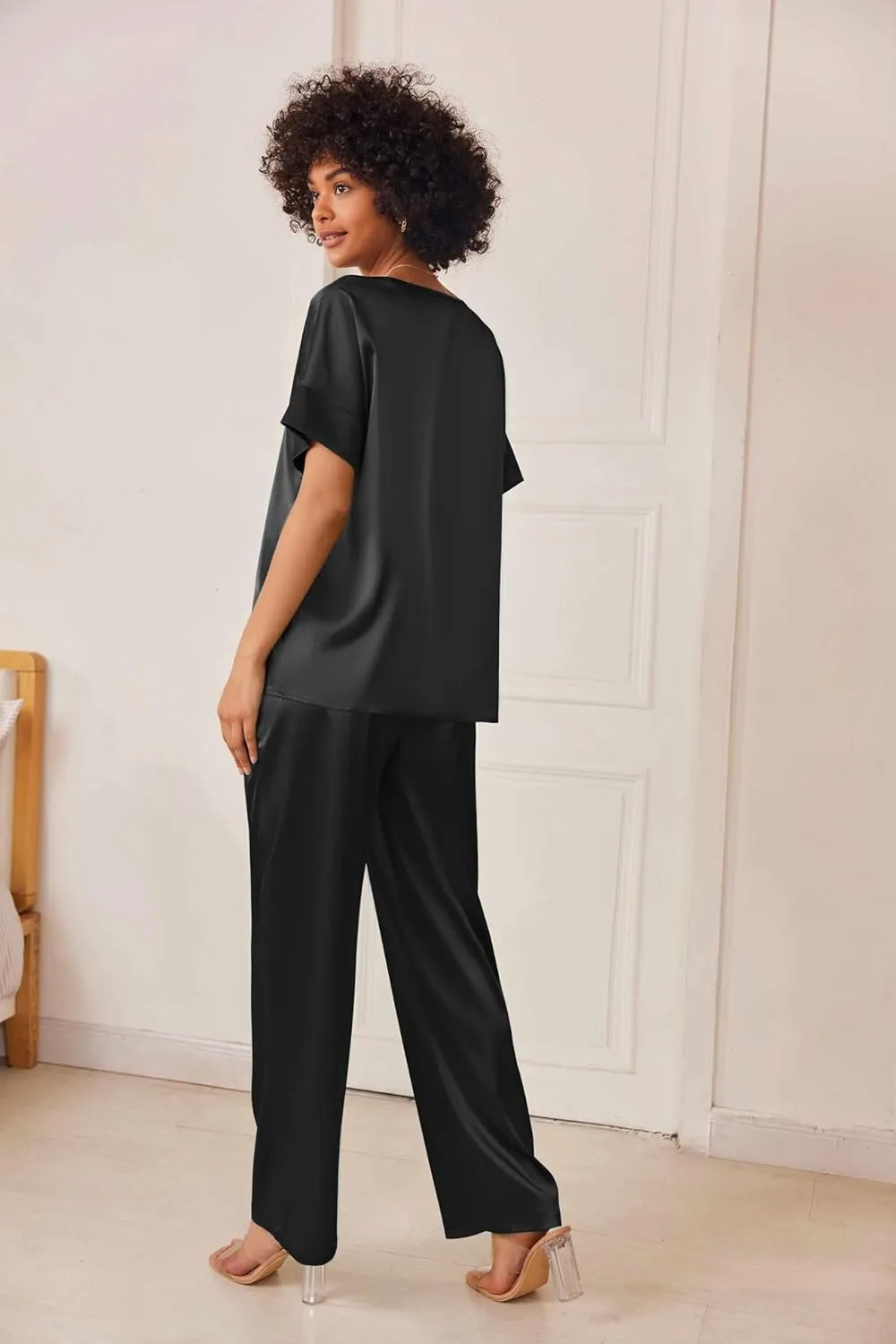 Ekouaer Satin Pajama Set Womens Silk Short Sleeve V Neck Shirt with Long Pant Soft Loungewear Pjs Set