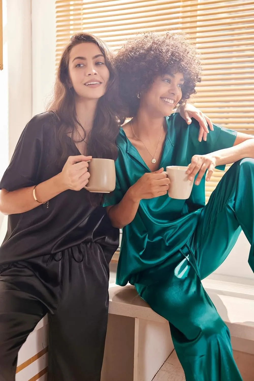 Ekouaer Satin Pajama Set Womens Silk Short Sleeve V Neck Shirt with Long Pant Soft Loungewear Pjs Set