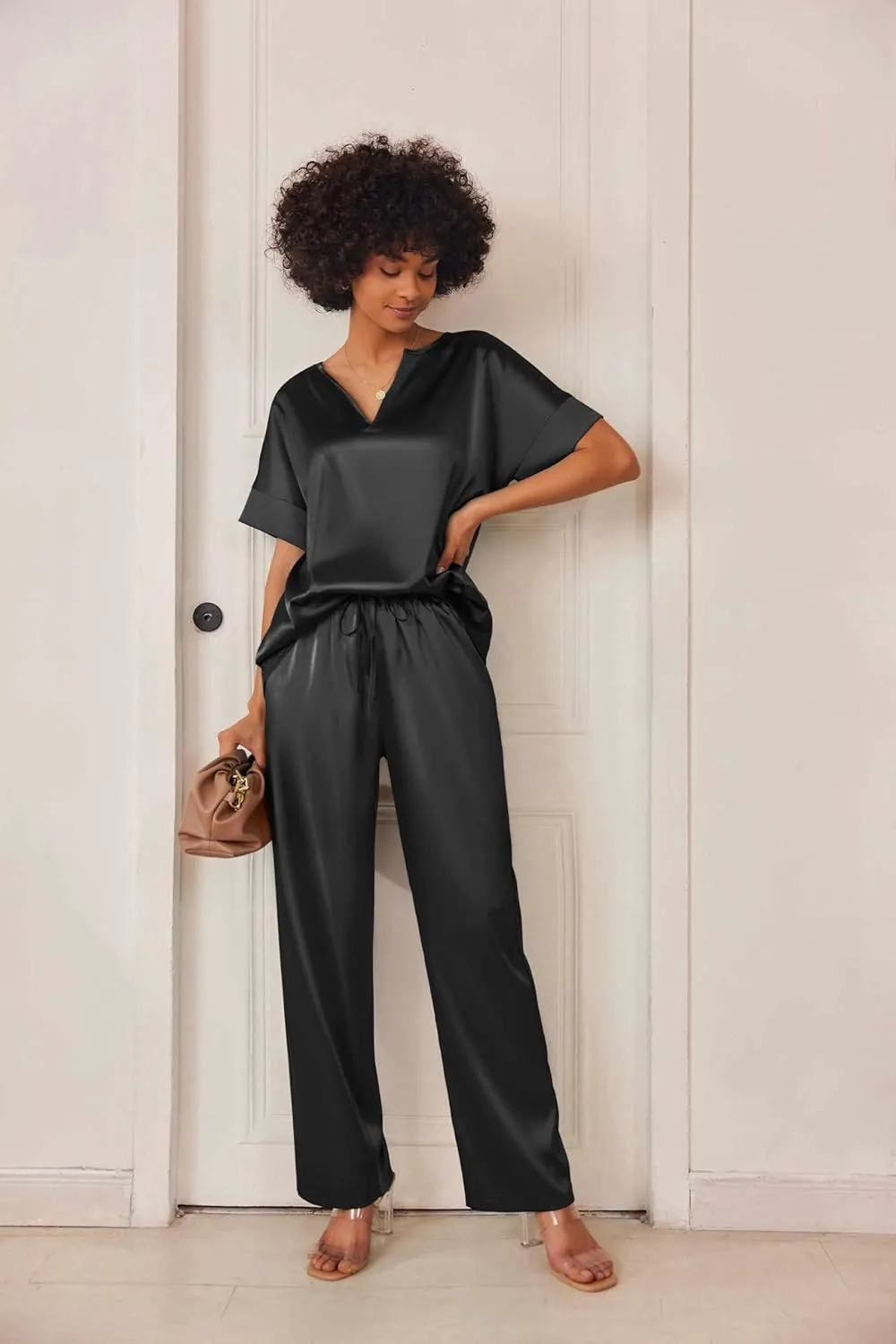 Ekouaer Satin Pajama Set Womens Silk Short Sleeve V Neck Shirt with Long Pant Soft Loungewear Pjs Set