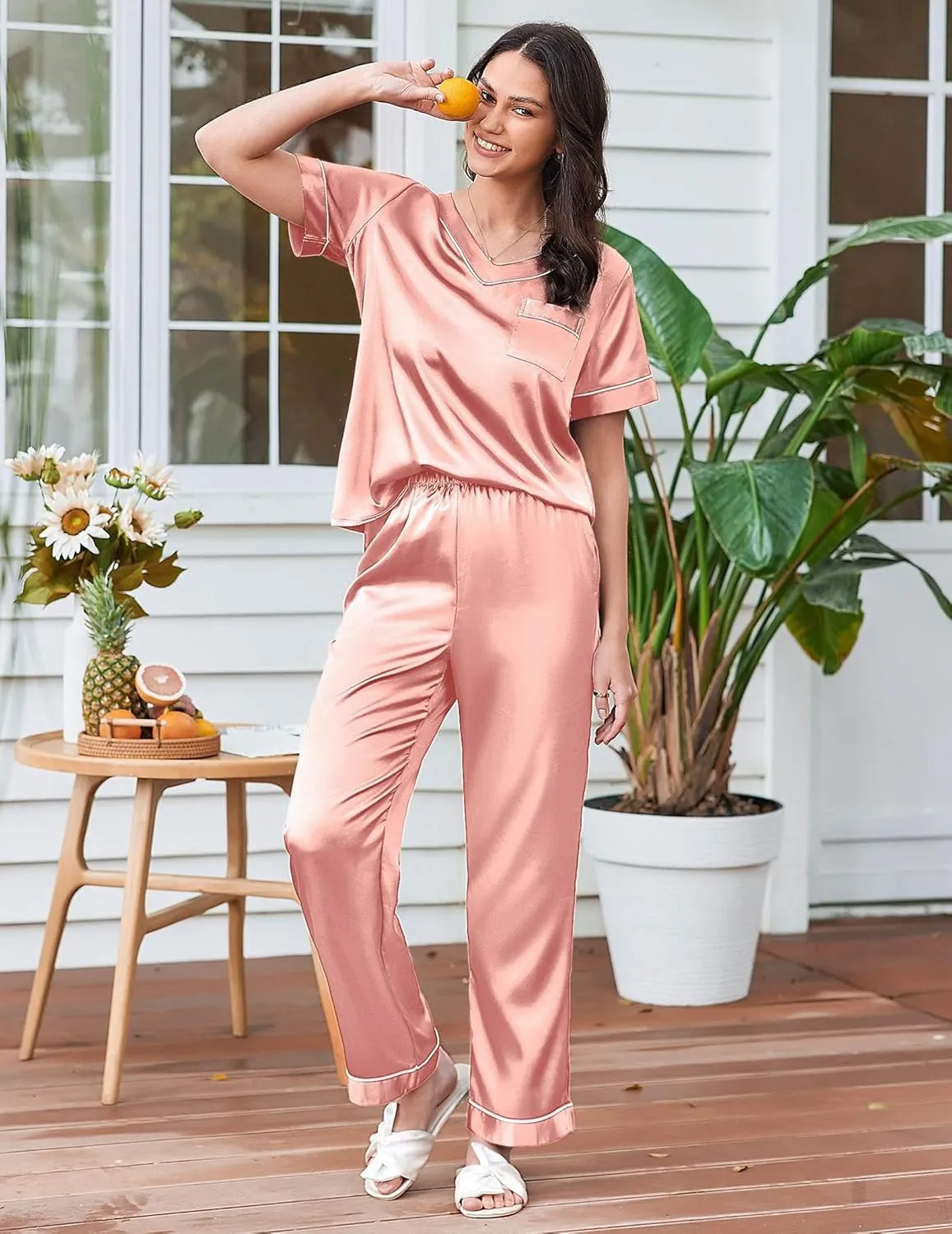 Ekouaer Satin Pajamas for Women Short Sleeve Silk Pajama Sets Soft Sleepwear Top with Causal Long Pj Pant