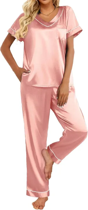 Ekouaer Satin Pajamas for Women Short Sleeve Silk Pajama Sets Soft Sleepwear Top with Causal Long Pj Pant
