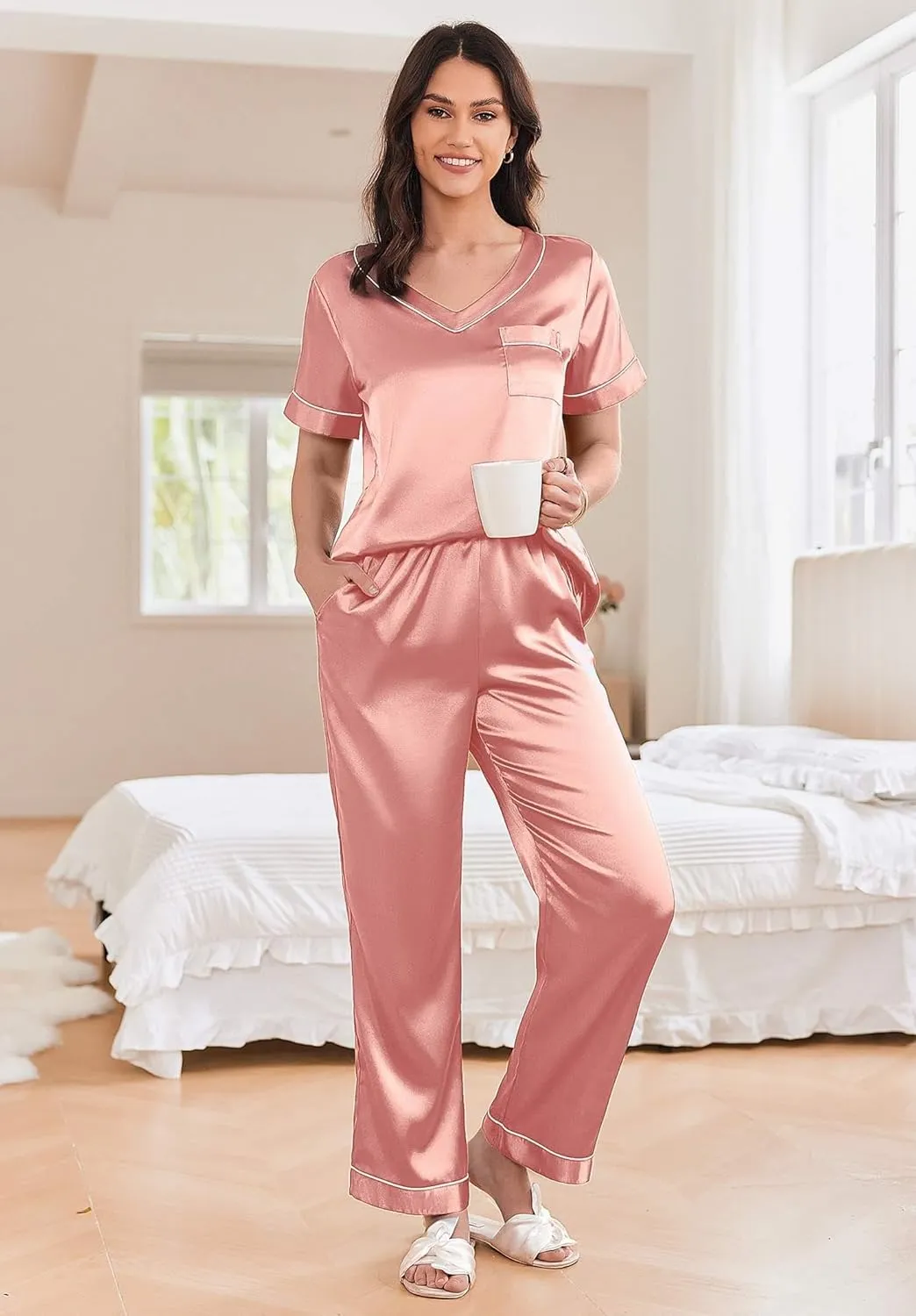 Ekouaer Satin Pajamas for Women Short Sleeve Silk Pajama Sets Soft Sleepwear Top with Causal Long Pj Pant