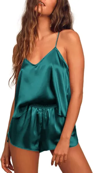 Ekouaer Silk Pajamas for Women Satin Cami Pjs Set V Neck Camisole Shorts Set Adjustable Strap Sleepwear