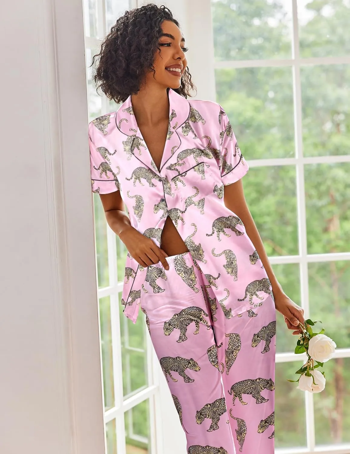 Ekouaer Silk Satin Pajamas Set Women Short Sleeve Sleepwear Soft Button Down Loungewear Pjs Set
