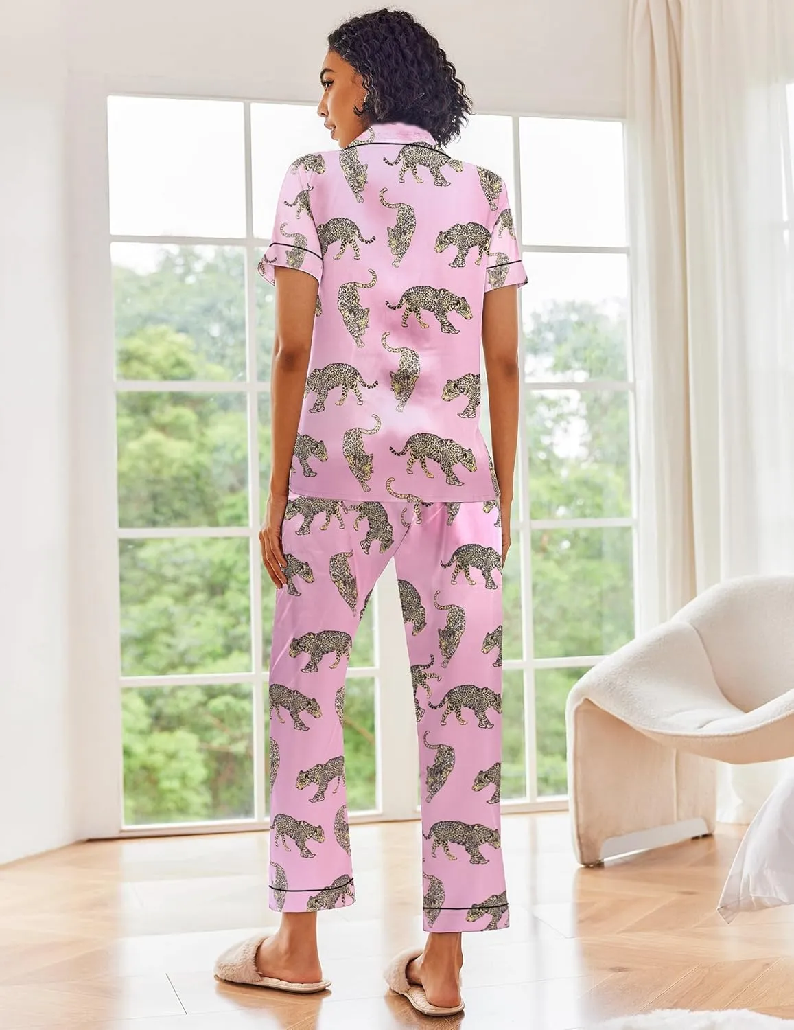 Ekouaer Silk Satin Pajamas Set Women Short Sleeve Sleepwear Soft Button Down Loungewear Pjs Set