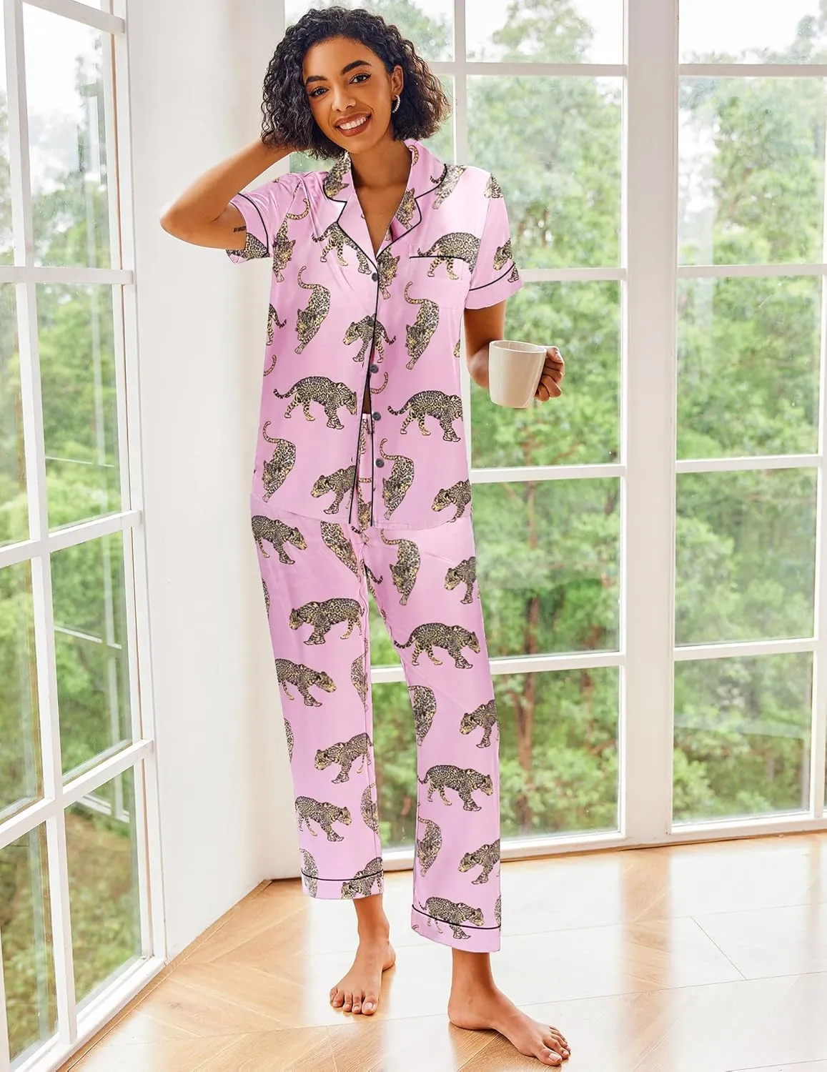 Ekouaer Silk Satin Pajamas Set Women Short Sleeve Sleepwear Soft Button Down Loungewear Pjs Set