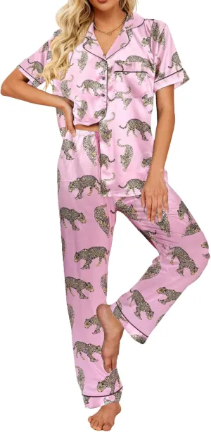 Ekouaer Silk Satin Pajamas Set Women Short Sleeve Sleepwear Soft Button Down Loungewear Pjs Set