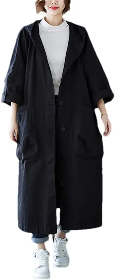 ERFMFKL Woman Hooded Long Coat Korean Trench Coat Autumn Loose Pockets Cardigan Outerwear