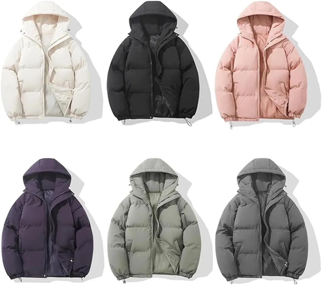 ERFMFKL Women Warm Harajuku Puffer Jacket Solid Hooded Zipper Cotton-Padded Coat Winter Outerwear