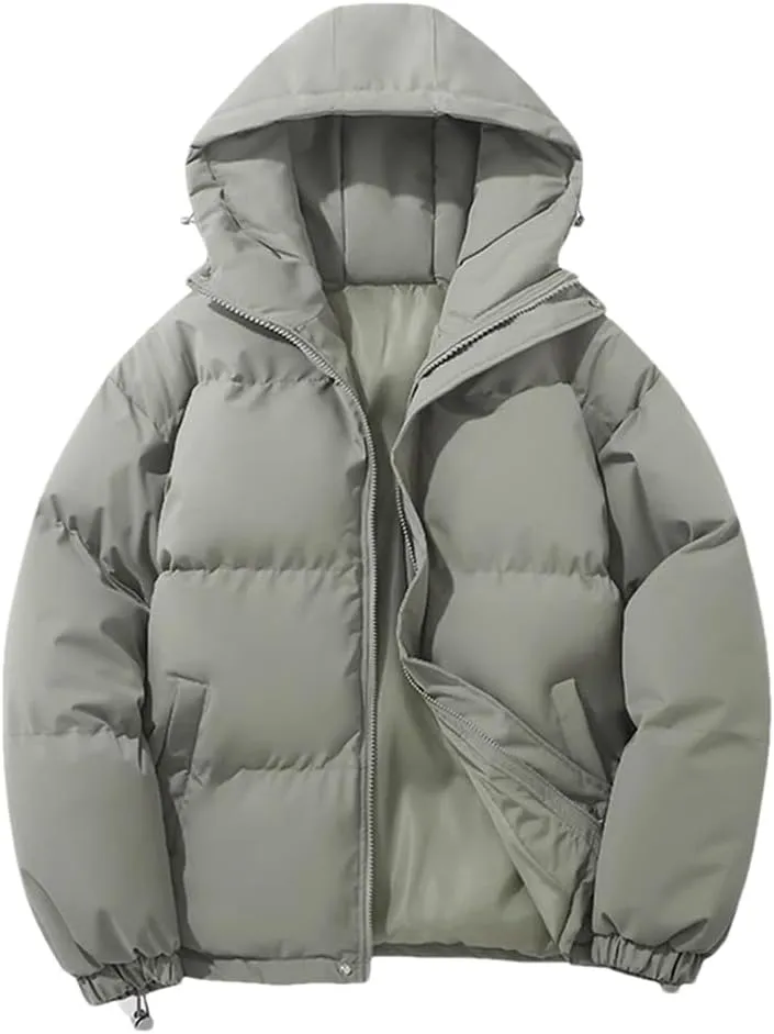 ERFMFKL Women Warm Harajuku Puffer Jacket Solid Hooded Zipper Cotton-Padded Coat Winter Outerwear