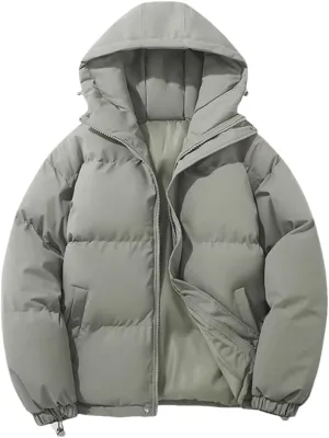 ERFMFKL Women Warm Harajuku Puffer Jacket Solid Hooded Zipper Cotton-Padded Coat Winter Outerwear